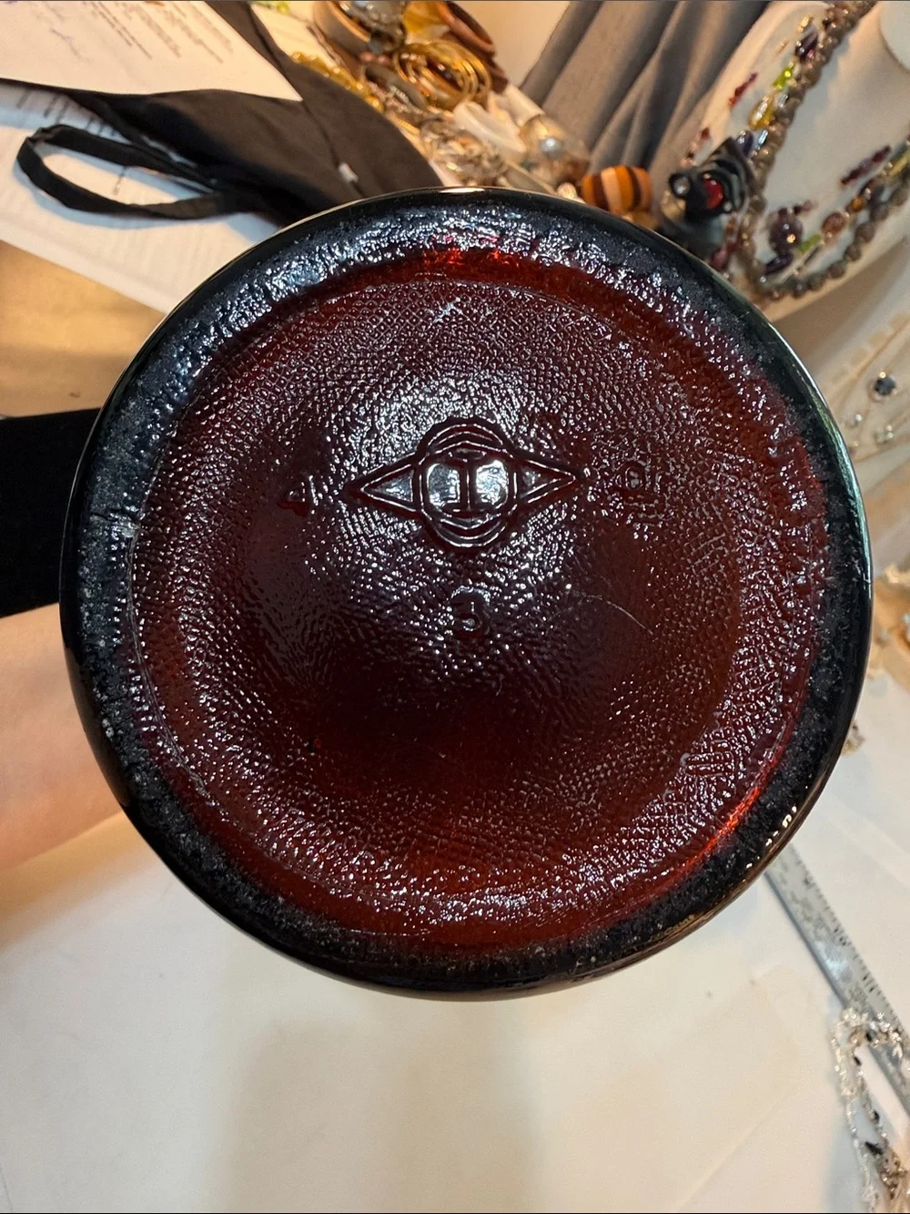 Vintage Owen’s-Illinois Amber Swirled Glass Bottle Guc 10” tall x 17.5” round